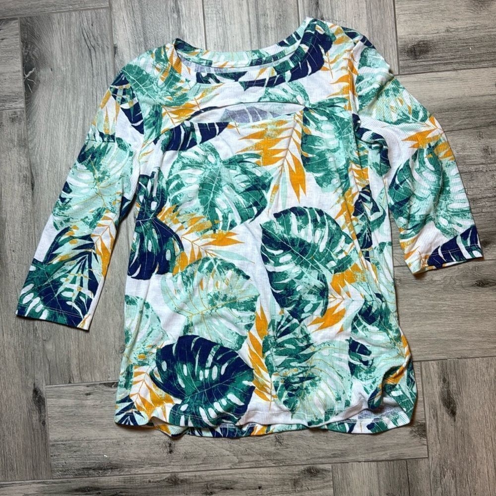 Palm Grove Womens Multicolor Tropical Print Cutout Rayon Blend Ribbed Top Medium